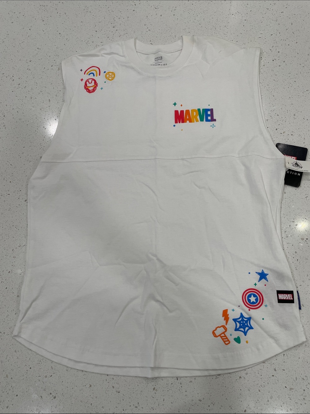 Marvel White Tank with Rainbow Logo and Superhero Icons